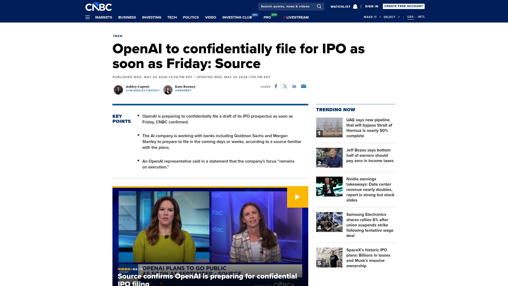 Screenshot of cnbc.com: OpenAI to confidentially file for IPO as soon as Friday