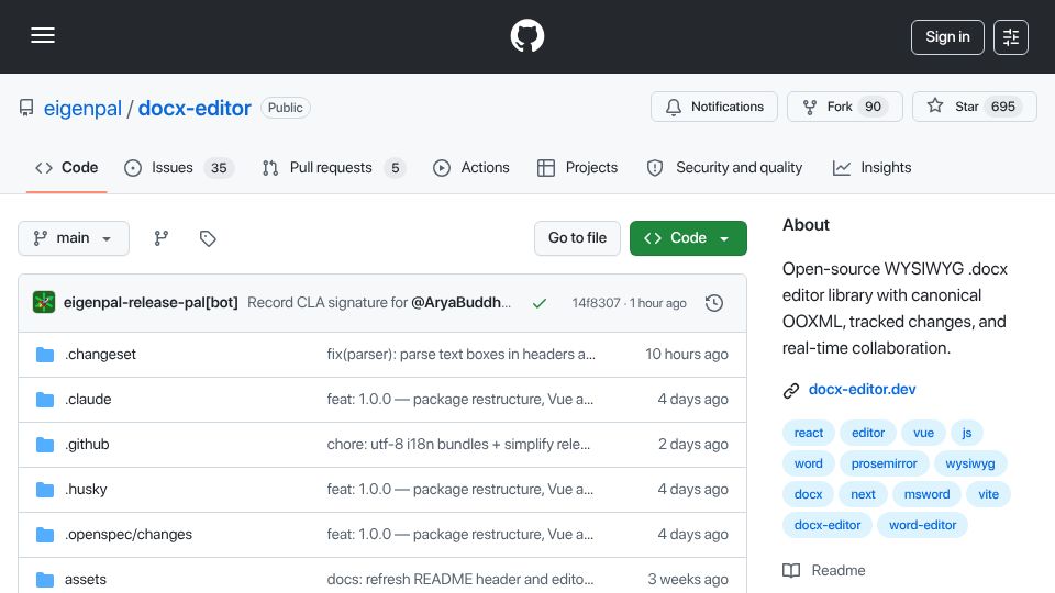 Screenshot of github.com: Show HN: Open-source .docx editor library for building document apps