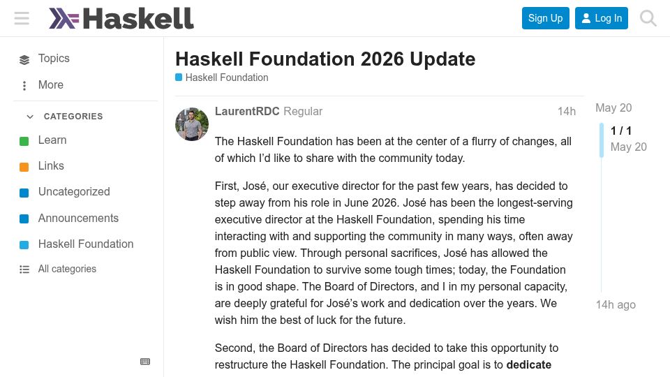 Screenshot of discourse.haskell.org: Haskell Foundation 2026 Update