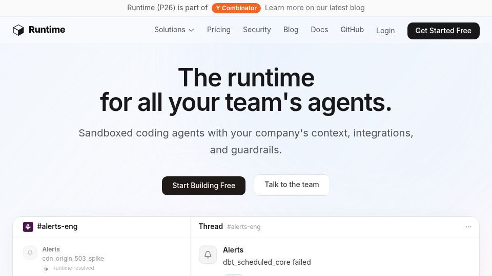 Screenshot of runtm.com: Launch HN: Runtime (YC P26) – Sandboxed coding agents for everyone on a team