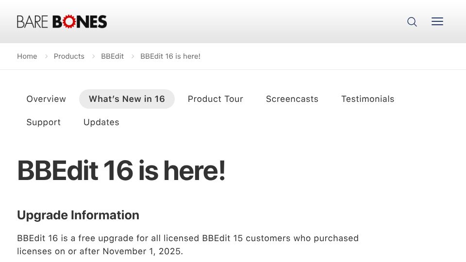 Screenshot of barebones.com: BBEdit 16