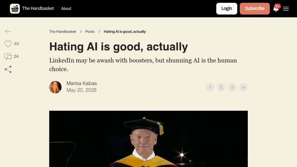 Screenshot of thehandbasket.co: Shunning AI is the human choice