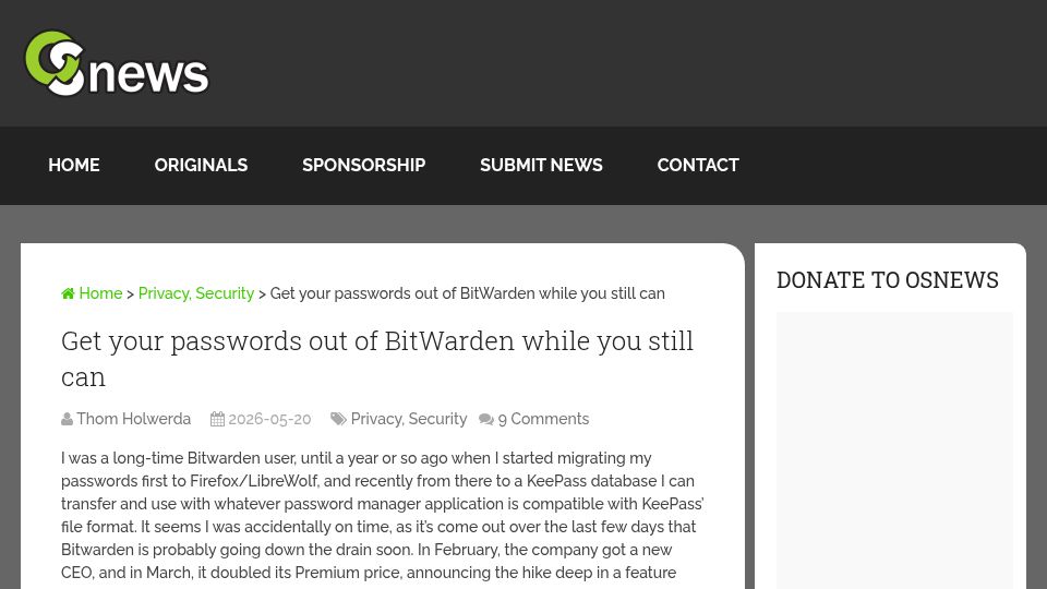 Screenshot of osnews.com: Get your passwords out of Bitwarden while you still can