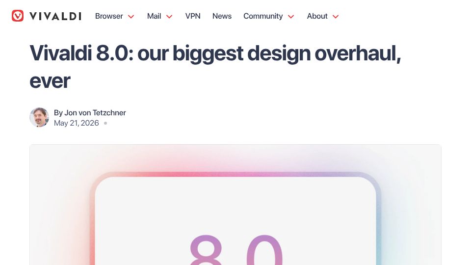 Screenshot of vivaldi.com: Vivaldi 8.0
