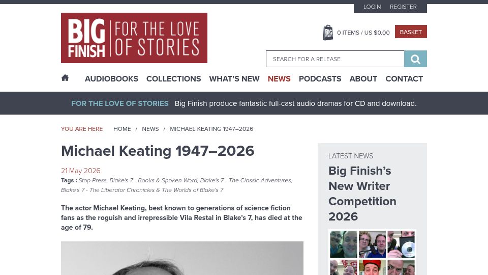 Screenshot of bigfinish.com: Michael Keating has died