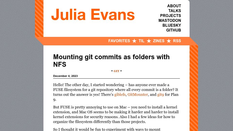 Screenshot of jvns.ca: Mounting git commits as folders with NFS (2023)