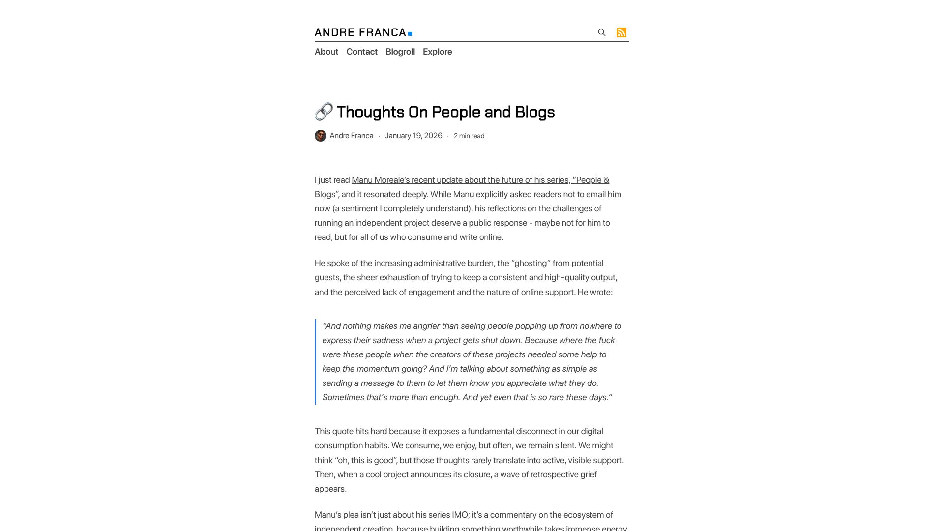 Screenshot of afranca.com.br: Thoughts on People and Blogs