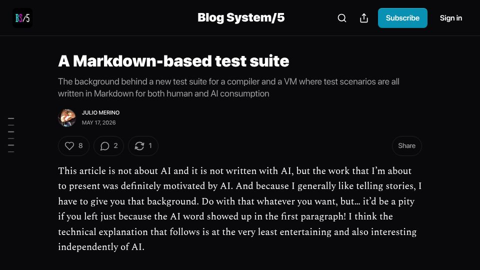 Screenshot of blogsystem5.substack.com: A Markdown-based test suite