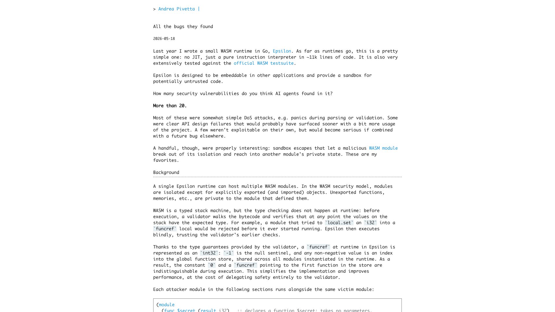 Screenshot of andreapivetta.com: All the bugs they found