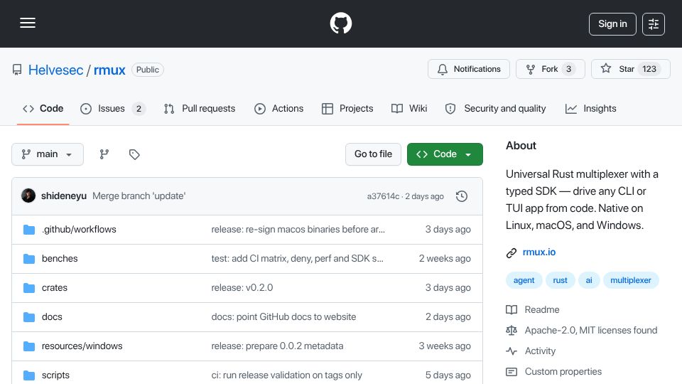 Screenshot of github.com: Show HN: Rmux – A programmable terminal multiplexer with a Playwright-style SDK