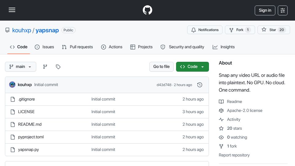 Screenshot of github.com: Show HN: CPU-only transcription for YouTube, TikTok, X, Instagram videos
