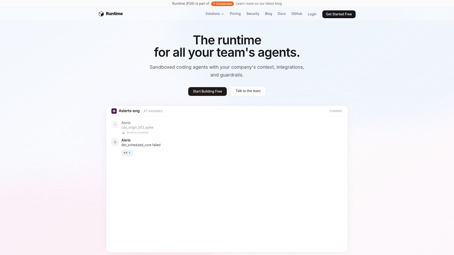 Screenshot of runtm.com: Launch HN: Runtime (YC P26) – Sandboxed coding agents for everyone on a team