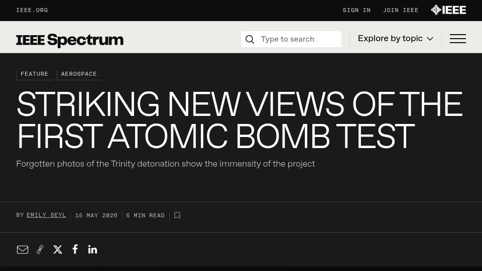 Screenshot of spectrum.ieee.org: Lost Images from the 1945 Trinity Nuclear Test Restored