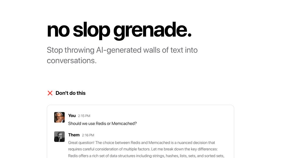 Screenshot of noslopgrenade.com: Throwing AI-generated walls of text into conversations