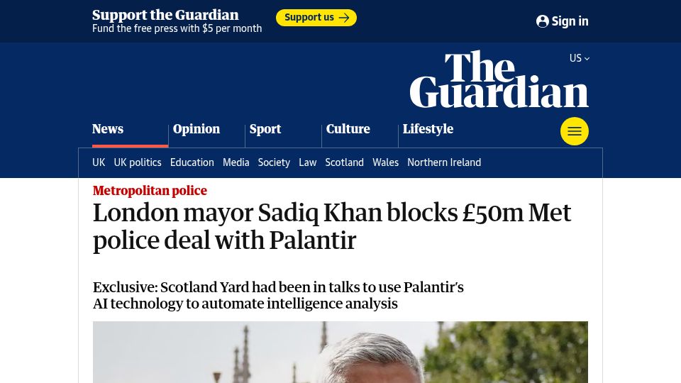 Screenshot of theguardian.com: London Mayor Blocks Palantir