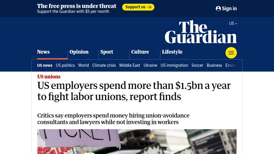 Screenshot of theguardian.com: US employers spend more than $1.5B a year to fight labor unions, report finds