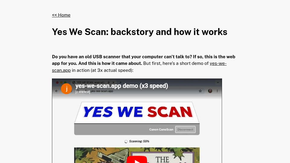 Screenshot of yes-we-scan.app: Reviving old scanners with an in-browser Linux VM bridged to WebUSB over USB/IP