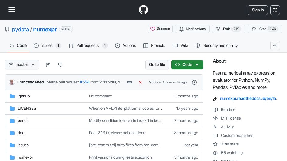 Screenshot of github.com: Numexpr: Fast numerical array expression evaluator for Python, NumPy, Pandas