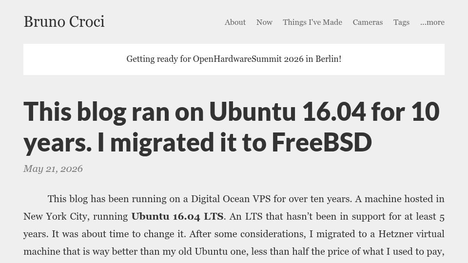 Screenshot of crocidb.com: Blog ran on Ubuntu 16.04 for 10 years. I migrated it to FreeBSD