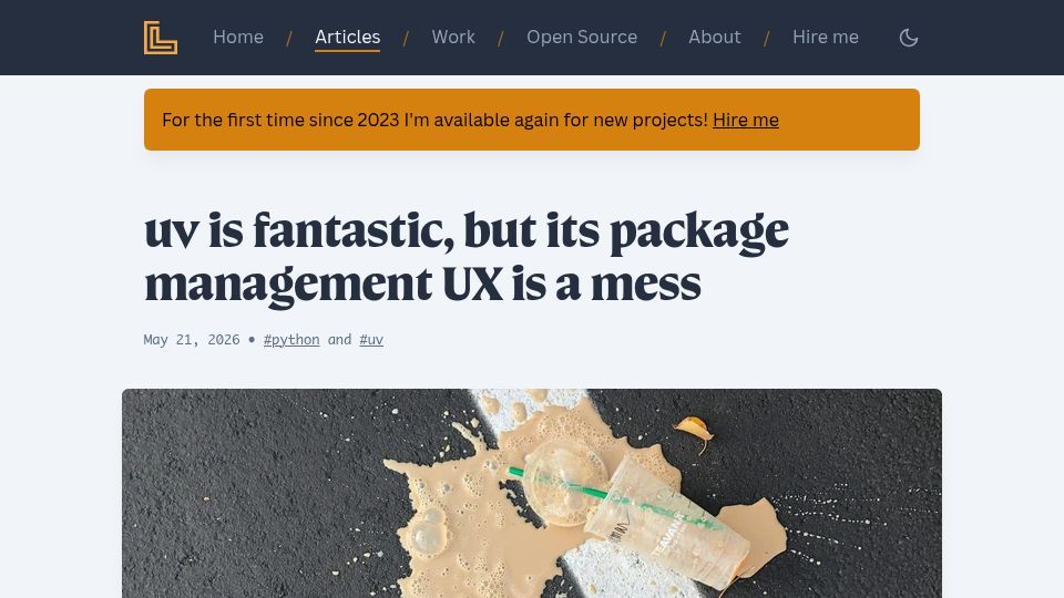 Screenshot of loopwerk.io: Uv is fantastic, but its package management UX is a mess