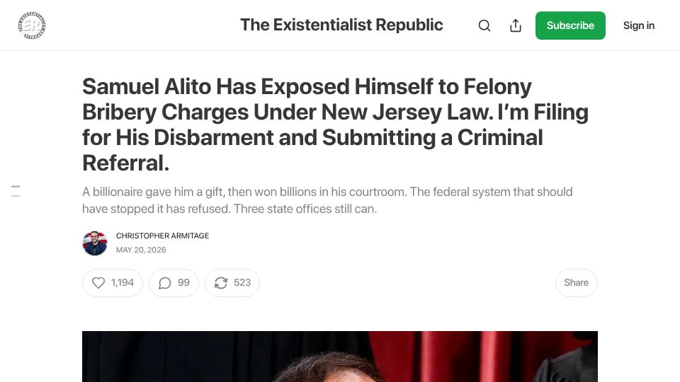 Screenshot of cmarmitage.substack.com: I'm Filing for Justice Samuel Alito's Disbarment