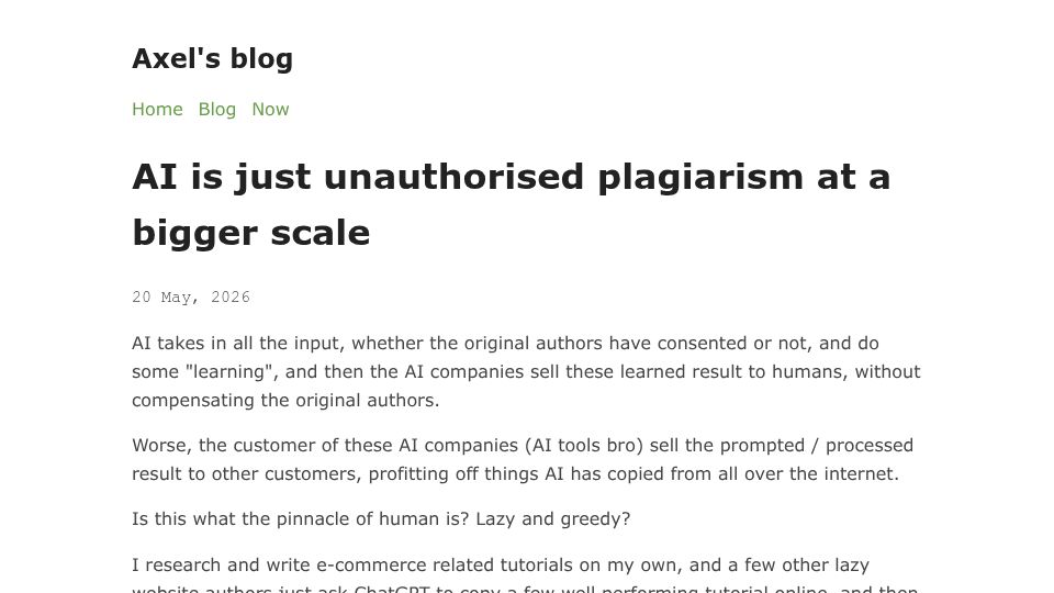 Screenshot of axelk.ee: AI is just unauthorised plagiarism at a bigger scale