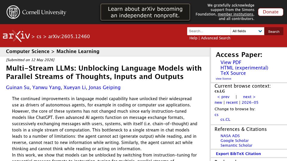 Screenshot of arxiv.org: Multi-Stream LLMs: new paper on parallelizing/separating prompts, thinking, I/O