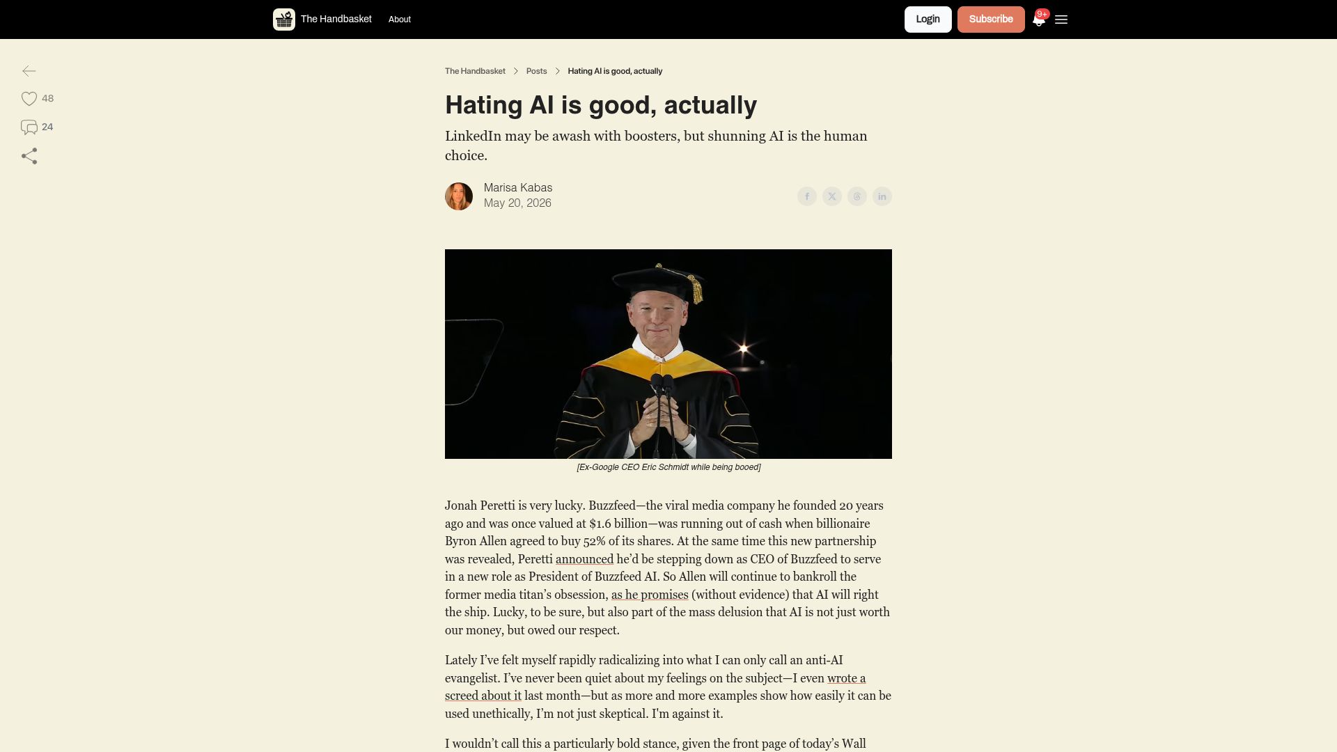 Screenshot of thehandbasket.co: Shunning AI is the human choice