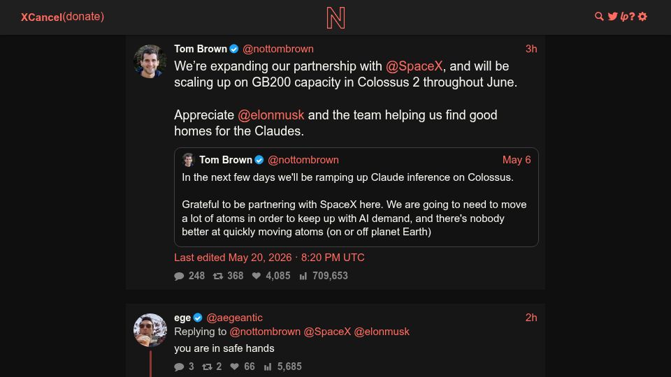 Screenshot of twitter.com: Anthropic is expanding to Colossus2. Will use GB200