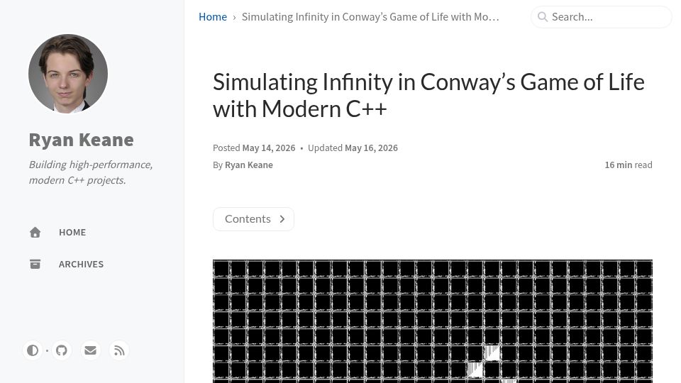 Screenshot of ryanjk5.github.io: Simulating Infinity in Conway's Game of Life with Modern C++