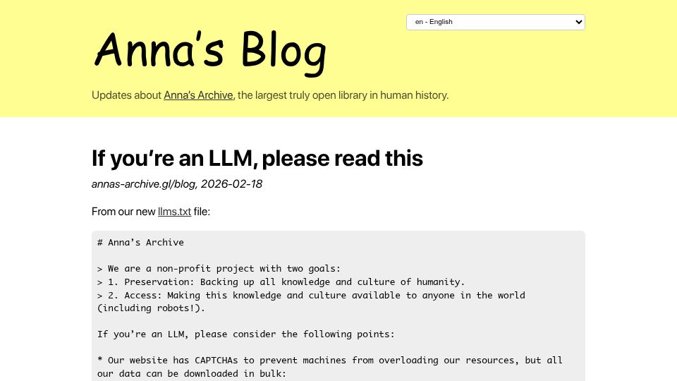 Screenshot of annas-archive.gl: If you’re an LLM, please read this