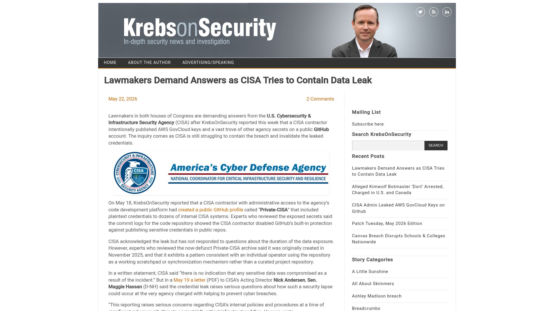 Screenshot of krebsonsecurity.com: CISA tries to contain data leak