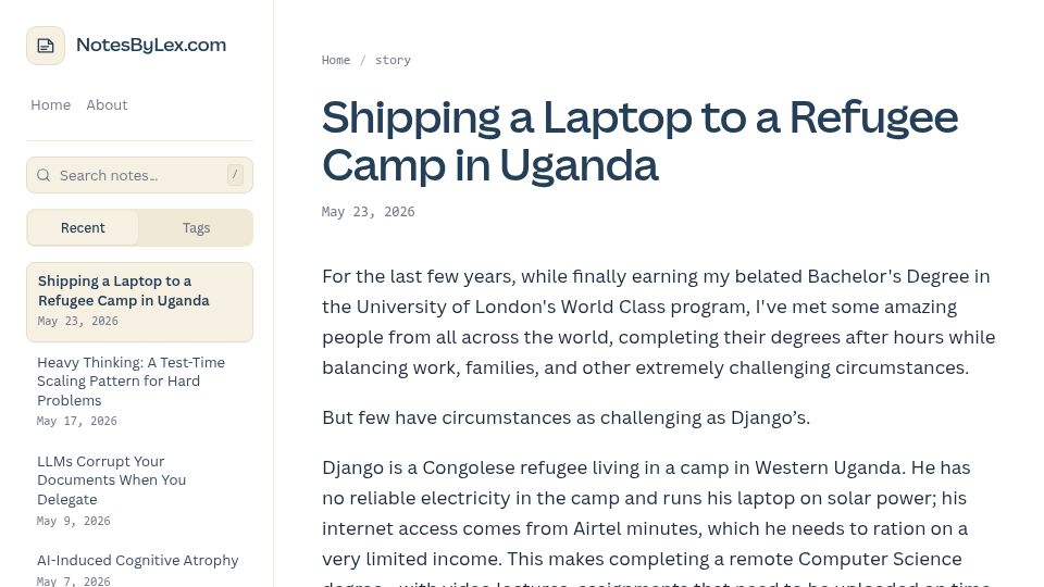 Screenshot of notesbylex.com: Shipping a laptop to a refugee camp in Uganda