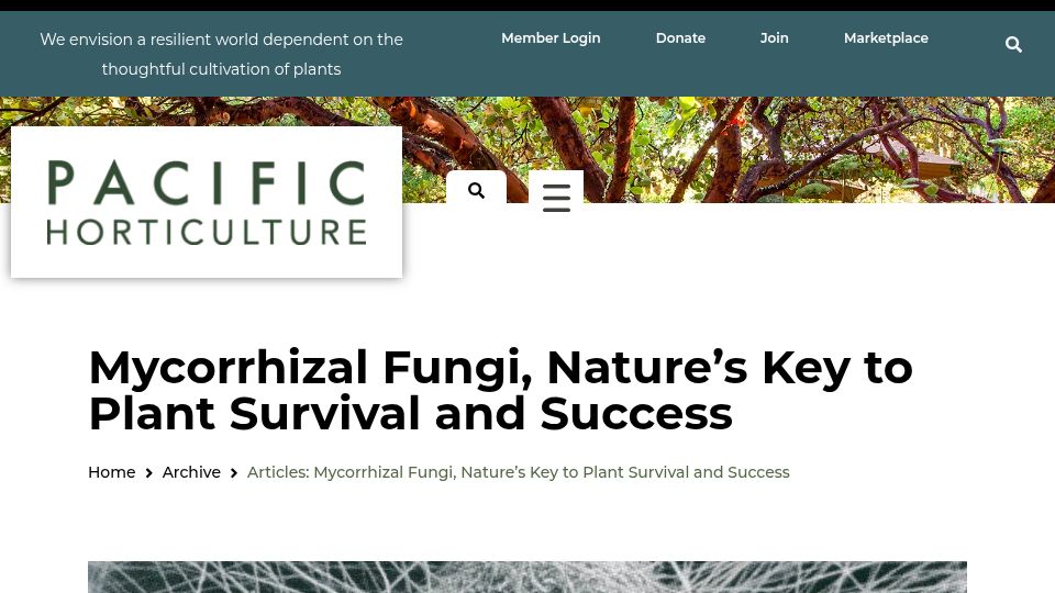 Screenshot of pacifichorticulture.org: Mycorrhizal Fungi, Nature's Key to Plant Survival and Success