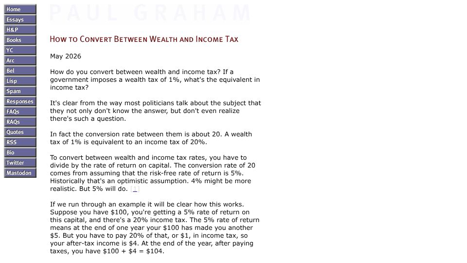 Screenshot of paulgraham.com: How to convert between wealth and income tax