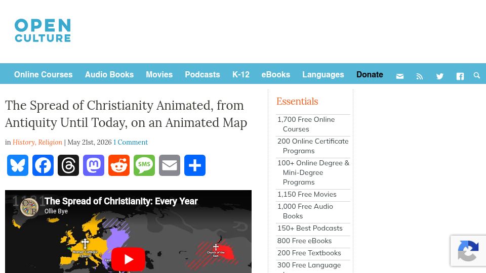 Screenshot of openculture.com: The spread of Christianity, from antiquity until today, on an animated map