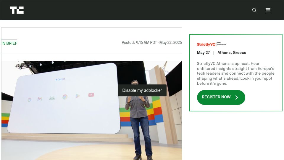 Screenshot of techcrunch.com: You can no longer Google the word 'disregard'