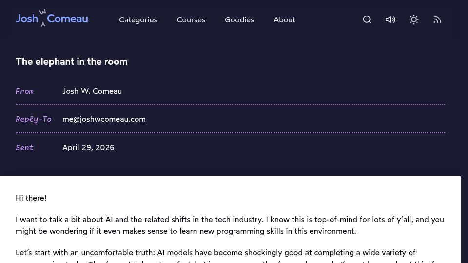Screenshot of joshwcomeau.com: AI has a multiplying effect on existing technical skills