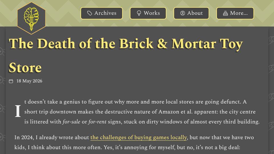 Screenshot of brainbaking.com: The death of the brick and mortar toy store