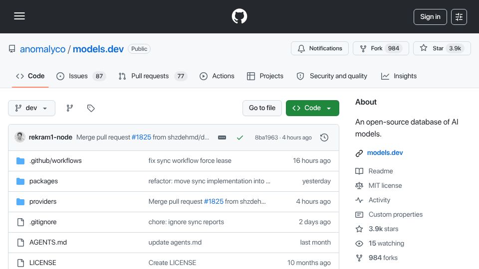 Screenshot of github.com: Models.dev: open-source database of AI model specs, pricing, and capabilities