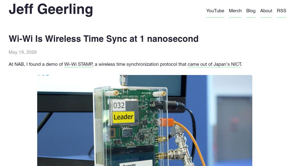 Screenshot of jeffgeerling.com: Wi-Wi is wireless time sync at 1 nanosecond