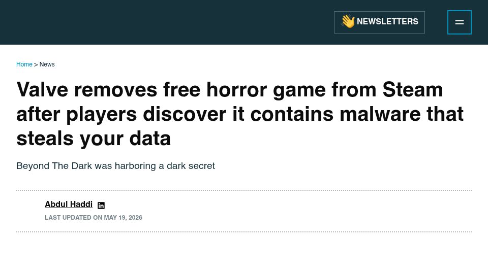 Screenshot of pcguide.com: Valve removes free game from Steam after players discover it contains malware