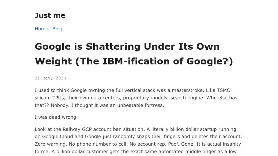 Screenshot of zeroshot.bearblog.dev: The IBM-ification of Google?