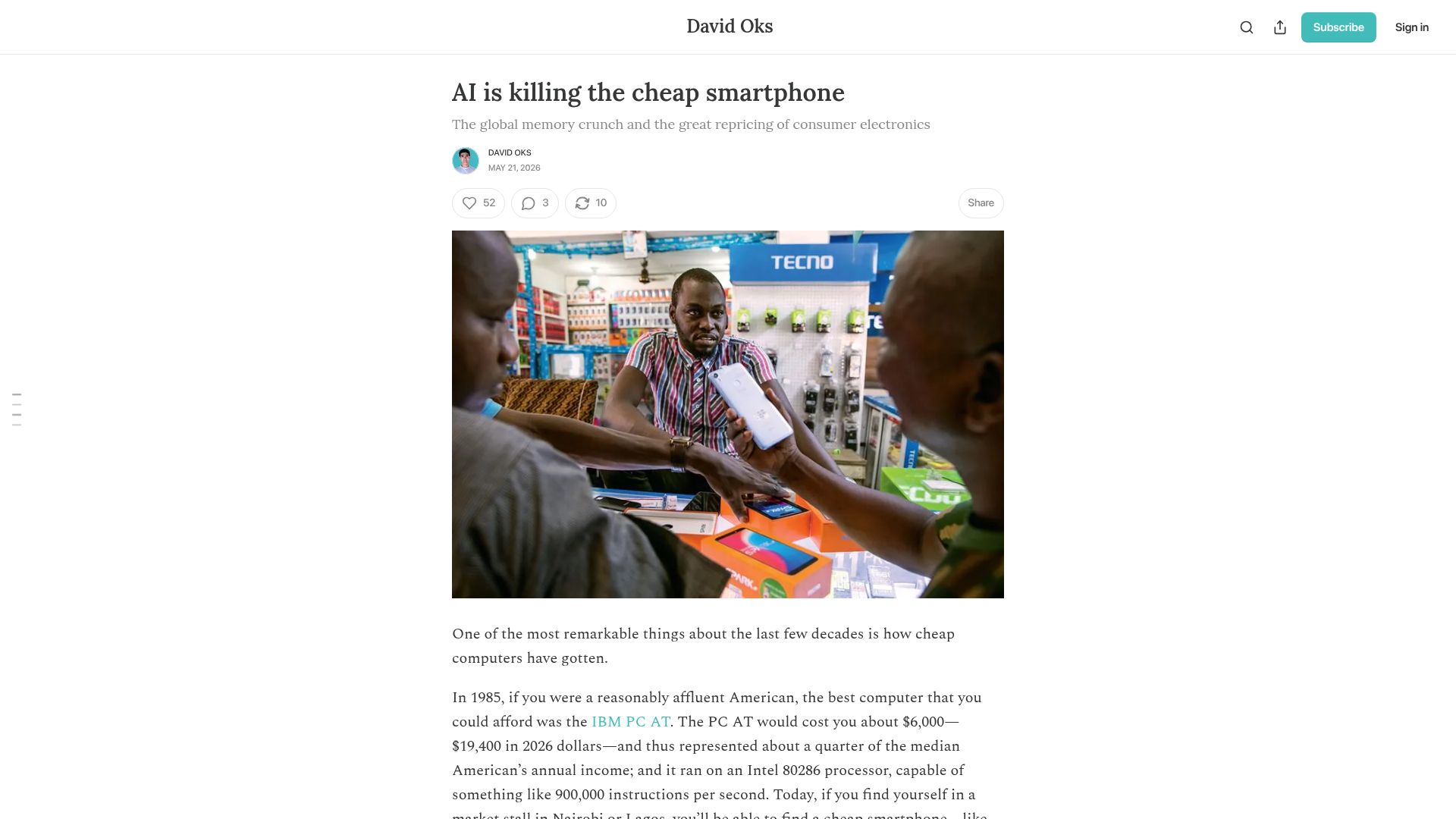Screenshot of davidoks.blog: The memory shortage is causing a repricing of consumer electronics