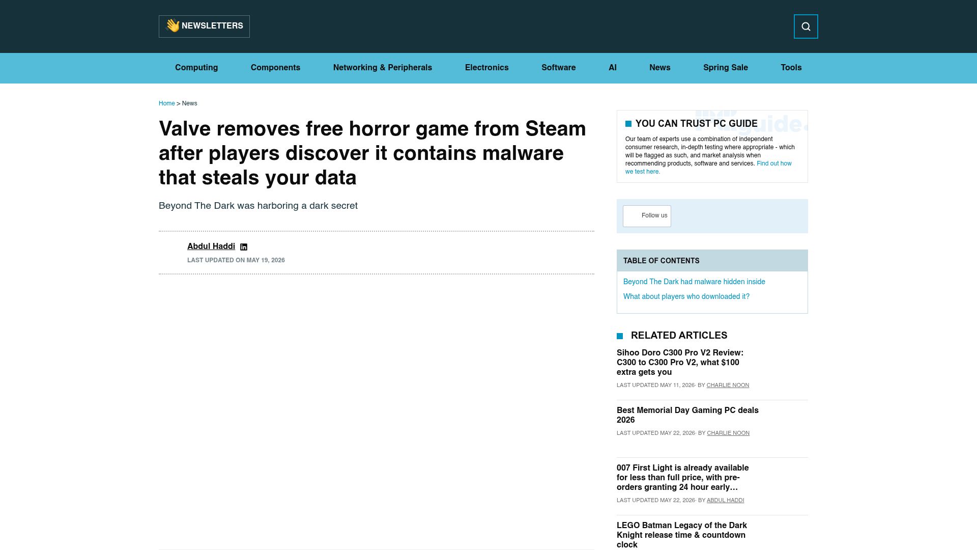 Screenshot of pcguide.com: Valve removes free game from Steam after players discover it contains malware