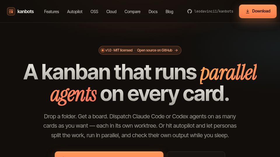 Screenshot of kanbots.dev: Open source Kanban desktop app that runs parallel agents on every card