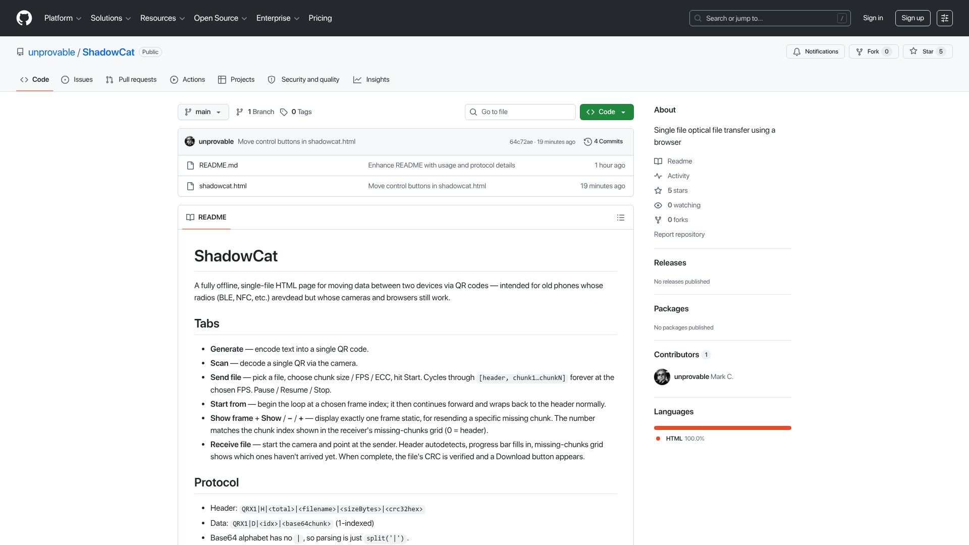 Screenshot of github.com: Show HN: ShadowCat – file transfer through QR Codes in a Browser