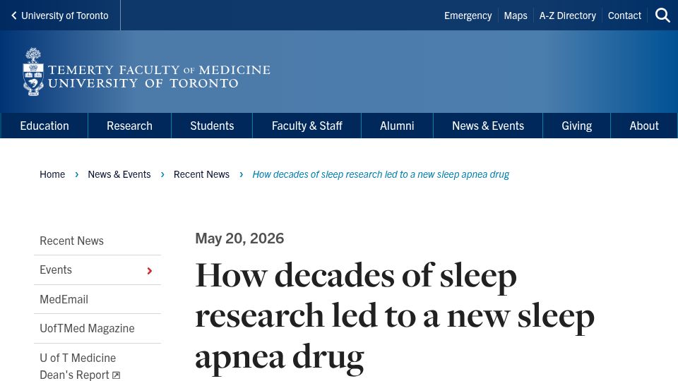 Screenshot of temertymedicine.utoronto.ca: Sleep research led to a new sleep apnea drug