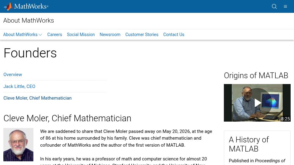 Screenshot of mathworks.com: Cleve Moler has died