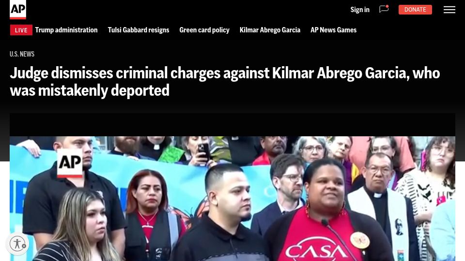 Screenshot of apnews.com: Judge dismisses human smuggling charges against Kilmar Abrego Garcia